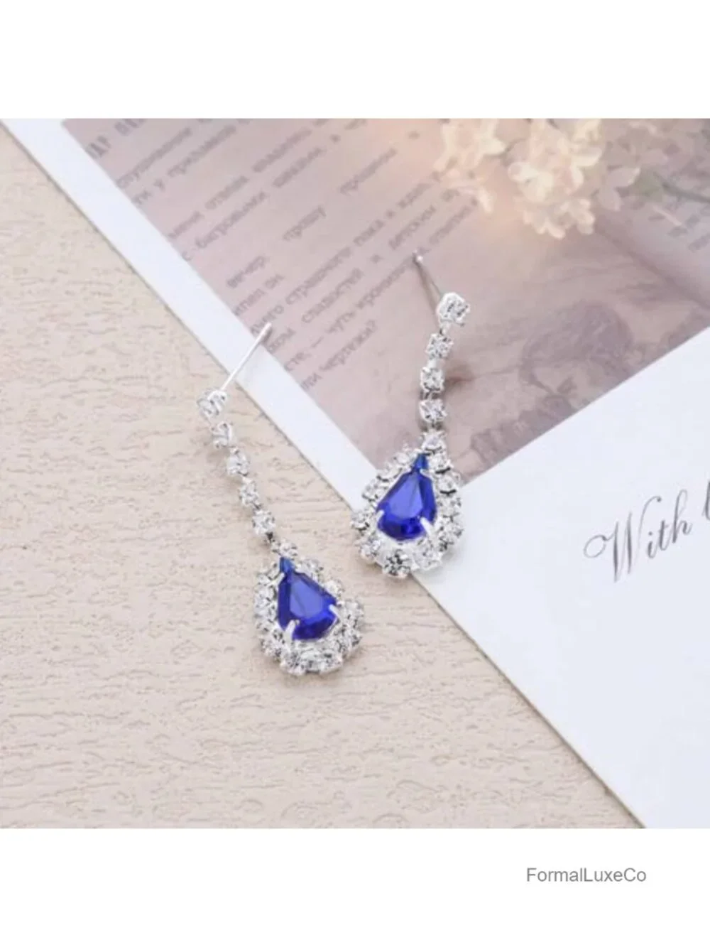 Blue Crystal Teardrop Dangle Earrings Rhinestone Drop Earrings Bridal Wedding